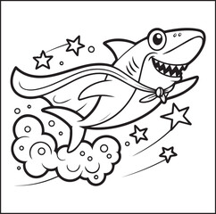 Fototapeta premium Cute shark in sea underwater scenery black line art vector illustration for children coloring page design