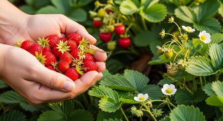 Hands gently holding a pile of ripe red strawberries beside green leaves and delicate white blossoms in a thriving garden bed, illustrating homegrown sweetness, continuous flowering, and fresh organic