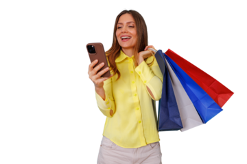 Woman holding colorful shopping bags and smartphone, happily online shopping, consumerism concept with transparent background