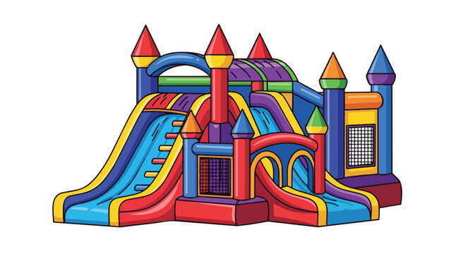 Inflatable bounce house. Colorful bouncy castle. Kids party inflatable play structure. Bounce house vector. Inflatable slide and climbing wall. Vector illustration on white background.