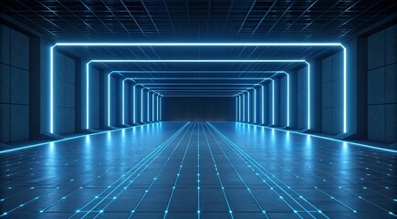 Abstract illuminated corridor with vibrant blue neon lines, showcasing a modern technological pathway and futuristic architectural design within an immersive digital realm
