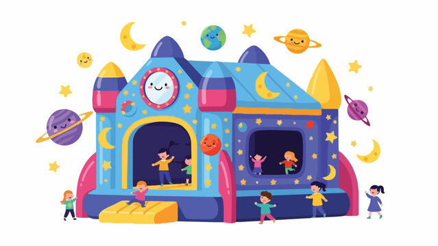 Bounce house vector illustration. Inflatable playhouse. Kids' party entertainment. Colorful bounce castle. Space themed bouncy castle. Children's fun activity. White background. Vector graphic.