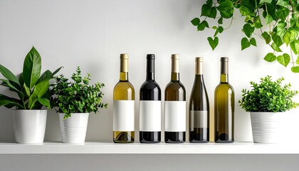 Wine bottles, varied shades, stand aligned on a white shelf flanked by green plants in white pots against a white wall