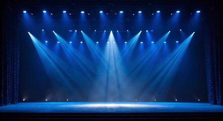 Illuminated Stage with Dramatic Blue Spotlights Ready for Performance