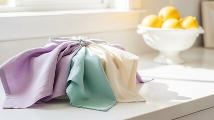 柔らかい布が優雅に重なり、静かな午後の光を浴びて美しく輝く