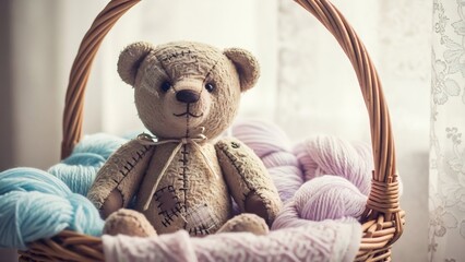 かごの中で可愛いくまのぬいぐるみが、穏やかに毛糸玉を見つめている