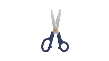 Blue handled scissors with orange pivot on transparent background