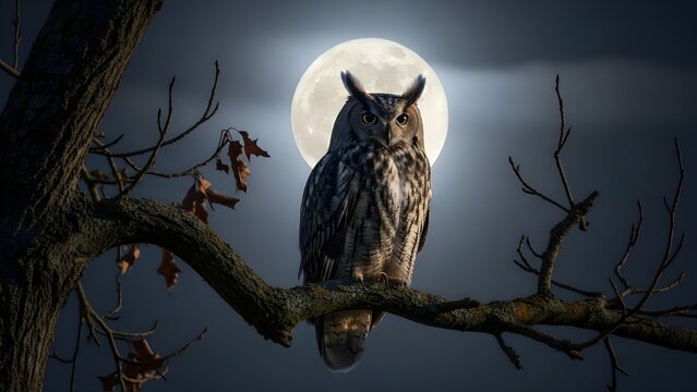 A wise owl perches on a tree branch under the light of a full moon at night