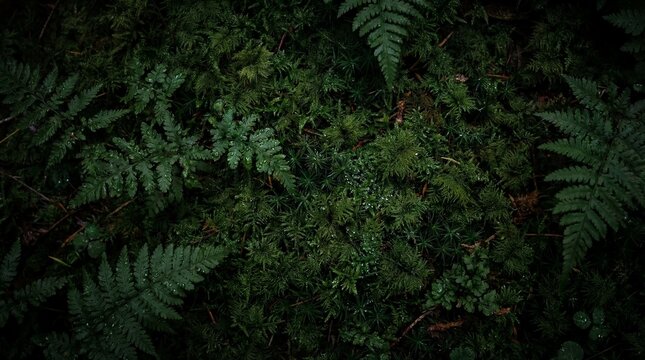 Dark Green Forest Floor Texture with Ferns and Moss