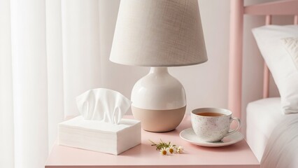 ベッドサイドの静かな美しさ：ランプが優雅に照らす、リラックス空間。