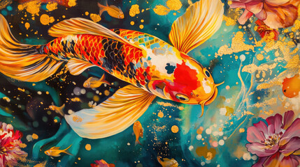 A beautiful Koi fish swimming peacefully in water surrounded by vibrant flowers. It's an artwork of calmness and serenity AI Generative