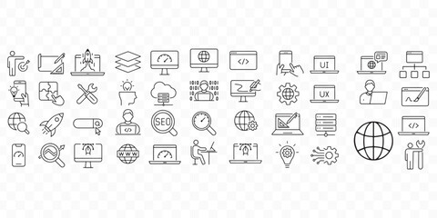 Modern line icon set for web development and digital technology concepts. Includes UI and UX design, coding, SEO, cloud computing, dashboard analytics, programming, responsive design, workflow and onl