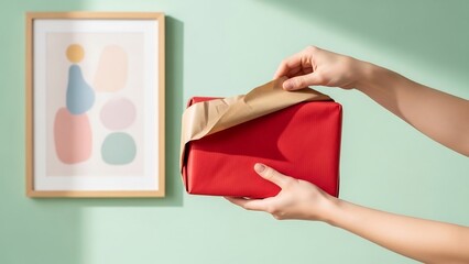 赤い素敵なプレゼントを丁寧に開ける瞬間を捉えた美しい写真