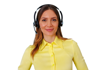 Woman wearing headset providing customer service and technical support, smiling, call center agent concept