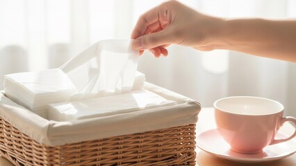 静かにティッシュを引き出す手、清潔な空間で穏やかな時間を楽しむ