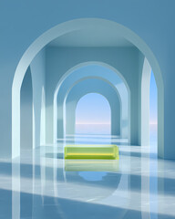 A futuristic blue abstract architectural tunnel with a glowing arch and digital interior design