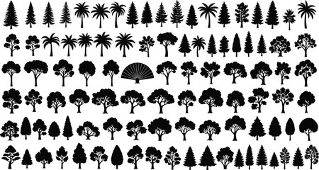 Large tree silhouette mega set featuring forest, palm, evergreen, deciduous, and ornamental trees isolated on white