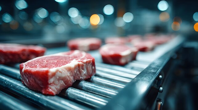 Raw thick-cut pork chops moving on an industrial steel roller conveyor in a meat processing plant with high resolution texture of meat facility.