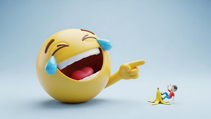 Laughing emoji character pointing at a man slipping on a banana peel, comedic scene, humorous moment, cartoonish, funny, smiling, tears of joy, comical, satirical