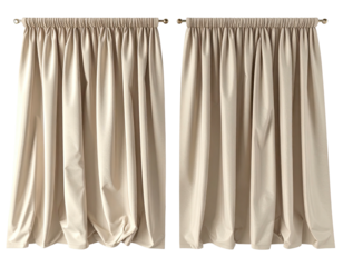 Draped, beige curtains hanging from a golden rod.
