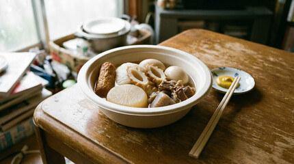 Japanese Oden Meal on Wooden Table at Home