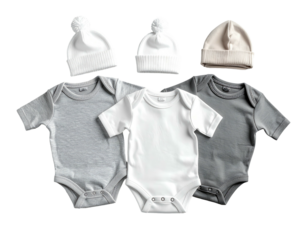 Baby clothes bodysuits and hats, neutral colors arranged
