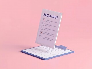 SEO audit checklist on clipboard with pink background