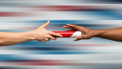 Two diverse hands exchanging a red and white relay baton with motion blur background.