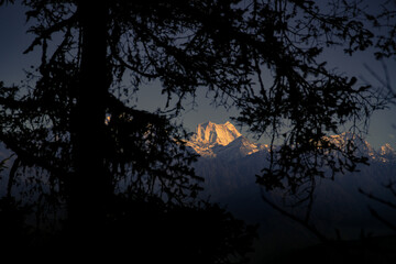 snow covered mountain of nepal during winter season early in the morning 