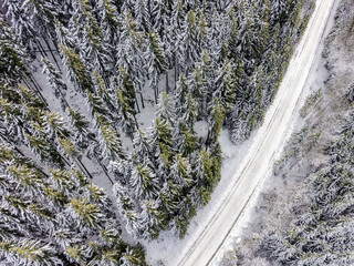 Aerial top view of snowy forest with straight road creating contrast in winter landscape