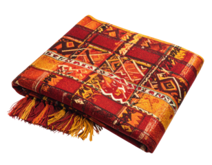 Folded blanket red, orange, geometric, tasseled edge