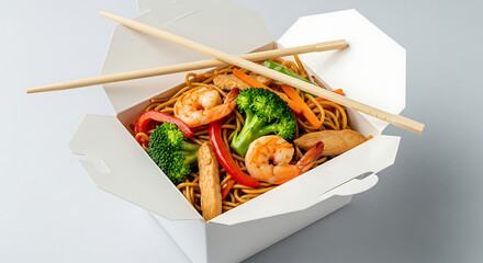Delicious Chinese Takeout Noodles with Shrimp and Vegetables in a Box