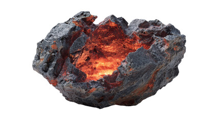 Meteorite fragment glowing with molten core, radiating extreme heat, space rock impacting environment, transparent background