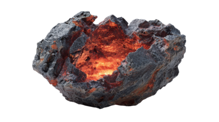 Meteorite fragment glowing with molten core, radiating extreme heat, space rock impacting environment, transparent background