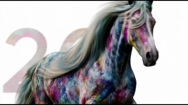 Colorful horse abstract pattern with long mane white background, large number 2026 and 2036, vibrant artistic animal running, creative energetic paint splatter, celebration, new beginnings