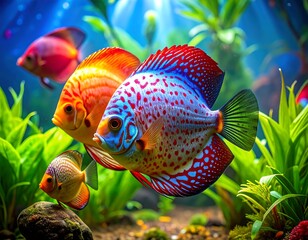 Vibrant fish swim in a bright aquarium. Plants and light provide a colorful underwater scene