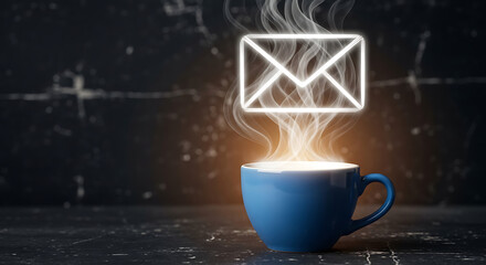 Email marketing concept with a hot cup of coffee and an envelope icon emitting steam