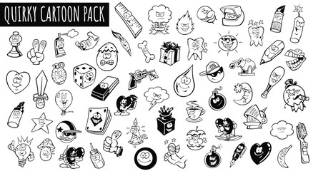 Quirky Cartoon Pack: A collection of quirky cartoon icons, each a unique illustration filled with character and charm.