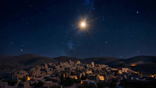 Star of Bethlehem shines brightly over ancient town at night, a biblical scene depicting the birth of Jesus for Christmas holiday.