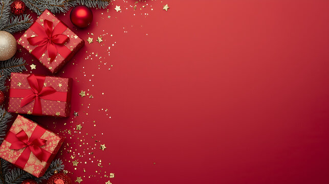 A Christmas flat lay showcases red gift boxes adorned with gold star patterns and ribbons, set against a rich red background. The arrangement includes red and gold ornaments, golden confetti, and fros