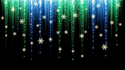 Sparkling Blue and Green Light Trails with Snowflakes on Black Background.