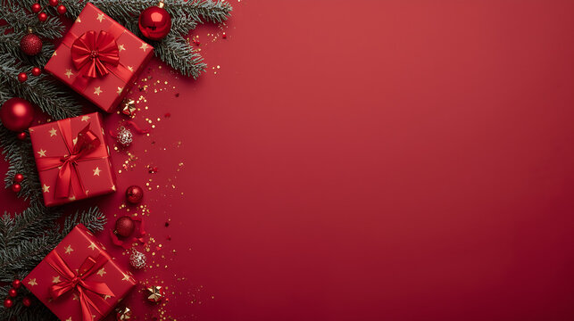 A Christmas flat lay showcases red gift boxes adorned with gold star patterns and ribbons, set against a rich red background. The arrangement includes red and gold ornaments, golden confetti, and fros