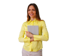 Woman smiling, holding digital tablet, representing business communication, technology, and modern professional life with transparent background