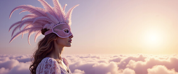 Woman wearing a feather mask silhouette against rising sun