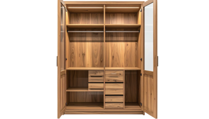 Open wood closet shelves, drawers, rods, & glass doors