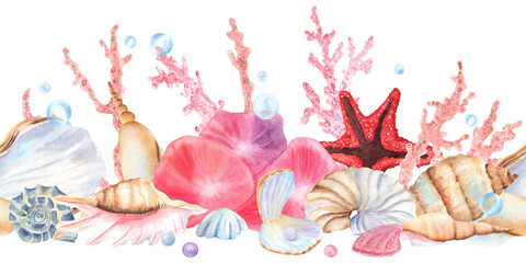 Seashells, polyp corals, starfish, pearls, bubbles in seamless border. Underwater world. Seabed clipart. Coral reef. Hand-drawn watercolor illustrations for sea-themed design, packaging, postcards
