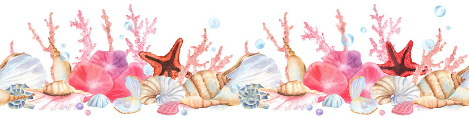 Sea-themed seamless border of seashells, corals, pearls, polyp, starfishes. Aquatic organism. Underwater world clipart. Hand-drawn watercolor illustration for travelling-themed design, packaging