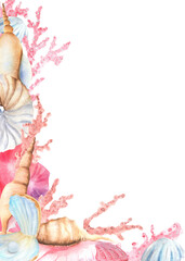 Bottom left corner of rectangular frame with sea corals, seashells and pearls. Sea frame design. Underwater world clipart. Hand-drawn watercolor illustration for snorkeling-themed design, packaging