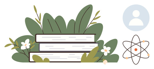 Stack of books surrounded by leafy plants, user profile icon, and atom graphic emphasizing themes of education, growth, science, knowledge, personal development, connection and creativity. A simple