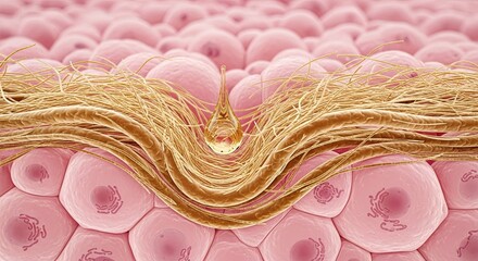 Microscopic view of human hair follicle and surrounding skin cells with a nourishing liquid drop penetrating the scalp for deep conditioning and hair care